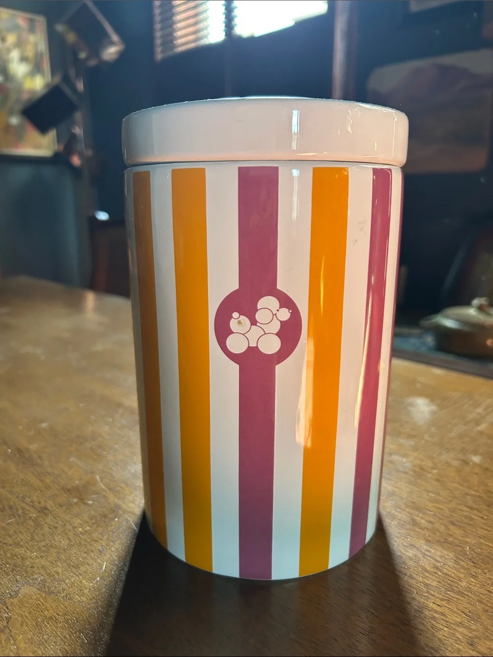 Jonathan Adler Pink and Mustard Striped Ceramic Canister